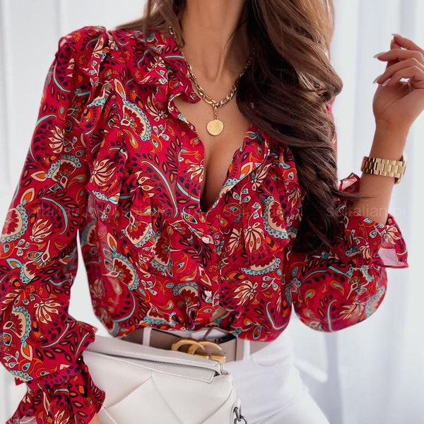 Paisley Printed Long Sleeved Button Up Sheer Chiffon Blouse With Liner-Designer Top-Button Down Shirt-Womens Top-Fancy Top-Modern Top