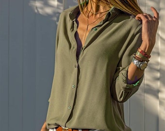 Minimalist Top-Long Sleeved Top-Buttoned Shirt-Designer Women Top-Button Down Shirt-Womens Top-Casual Top-Minimalist Women Blouse-Modern Top