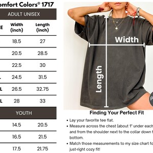 The image is a size chart for a t-shirt, showing the measurements for different age groups, from youth to adult.