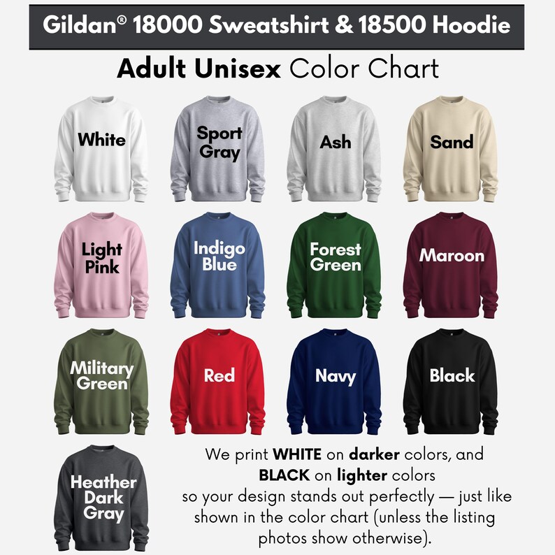 The image is an adult unisex color chart featuring a variety of sweatshirt and hoodie colors, including white, sport gray, ash, sand, light pink, indigo blue, forest green, maroon, military green, red, navy, black, and Heather Dark Gray.