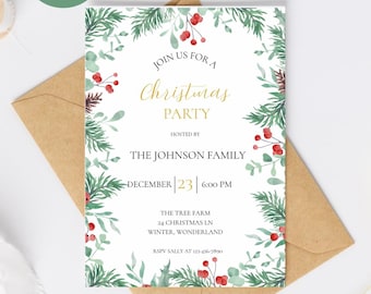 Può includere: Un invito a una festa di Natale con sfondo bianco, adornato da fogliame verde e bacche rosse. Il testo "Join us for a Christmas Party" è dorato, con i dettagli dell'evento e "Instant Download" in basso. L'invito è su una busta marrone.