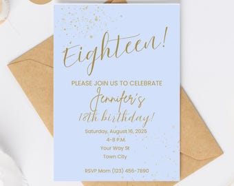 May include: A light blue invitation card with gold text that reads "Eighteen!" and "Jennifer's 18th birthday!" The card is on a brown envelope. The text includes the date, time, and RSVP information. The words "Canva" and "Instant Download" are also visible.
