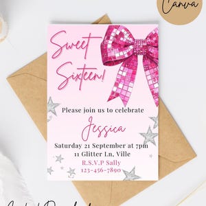 Sweet Sixteen Birthday Invitation | Pink Glitter Disco Editable Template | 16th Birthday Invite for Girls | Instant Download Canva
