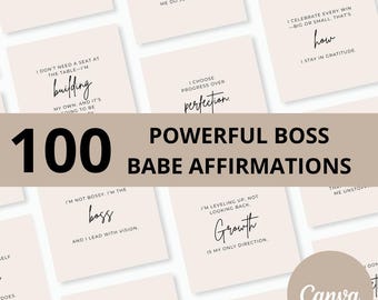 May include: A collection of 100 Powerful Boss Babe Affirmations on square cards with inspirational quotes in black text. The cards are arranged on a light beige background. The word "Canva" is in the bottom right corner.