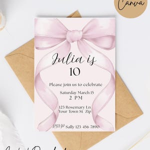 Pink Bow Birthday Invitation Girl | Editable Party Invite | Blush Ribbon Invite | Elegant Digital Download Template