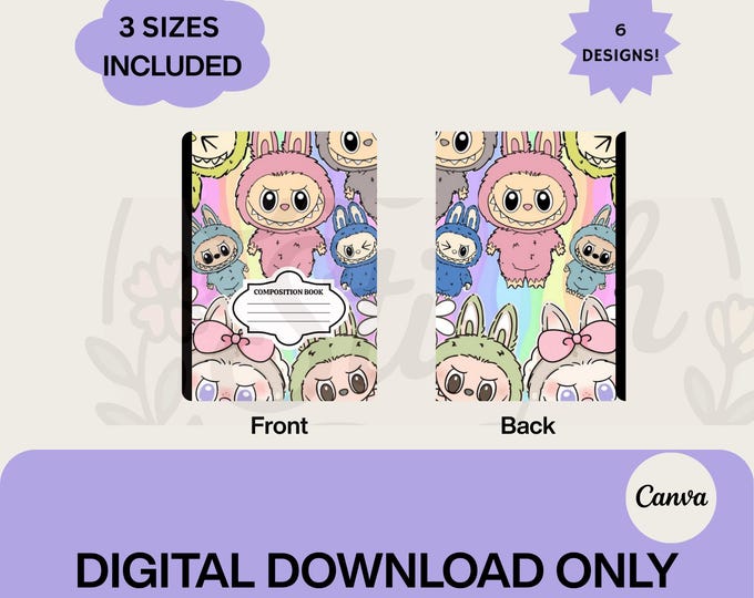 6 Labubu Composition Notebook Covers | Cute Editable Front & Back ...