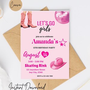 Let’s Go Girls Cowgirl Birthday Invitation | Editable Pink Western Skating Party Invite | Disco Rodeo Theme | Tween Girl Birthday Template
