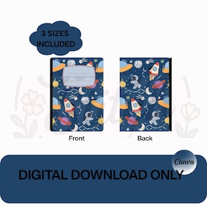 May include: A notebook cover design featuring a dark blue background with space-themed illustrations including rockets, astronauts, planets, and stars. The front cover includes a rectangular label with lines for text. The text 3 SIZES INCLUDED is visible.