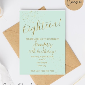Mint & Gold  Birthday Invitation | Editable Digital Invite | Elegant  Birthday Template | Gold Glitter Party Invite | Instant Download