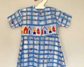 Original Vintage 1970s dress & jacket set beach seaside huts print  size 3-4 year old