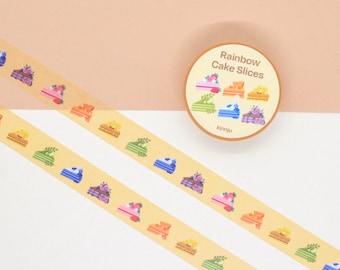 May include: Two rolls of yellow washi tape with a repeating pattern of colorful cake slices. The tape is packaged in a round container with the text "Rainbow Cake Slices" and the brand name "kinrju".