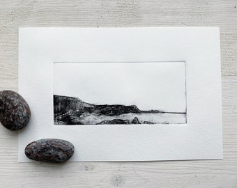 Original Drypoint Seascape Monoprint, Minimalist Print, Cornwall Art, Coastal Print, Unique Art Print, UK Coast Print - Kynance Cove