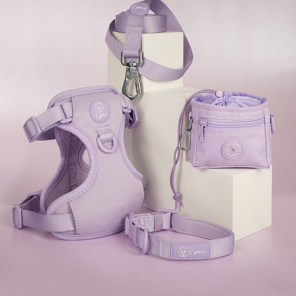Lilac Dog Matching Set Harness Adjustable | Purple | Lilac | Cushioned | Soft Padded | Modern | No Pull | Leash Lead Poo Bag Treat Bag Epaws