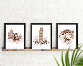 Memoirs of italian travels | Set of 3 prints A3 ITALY | Colosseum Rome | Leaning Tower of Pisa |Rialto Venice | Prints| | coffee essence