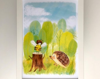 Children illustrations | Print with FRAME Lili bee and Hedgehog  | Print A4 | Fine Arts Prints | Illustration for kids