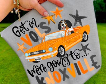 May include: A grey t-shirt featuring a graphic of an orange convertible car driven by a dog. The text reads Get in VOLS we're going to KNOXVILLE. The design includes orange and black stars, and the car license plate displays the name SMOKEY.