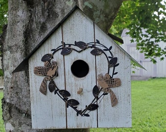 Birdhouse with Ivy and two birds on side, Metal Roof, Home Decor, Painted Bird House, Hand painted, Home Decoration, Rustic Style