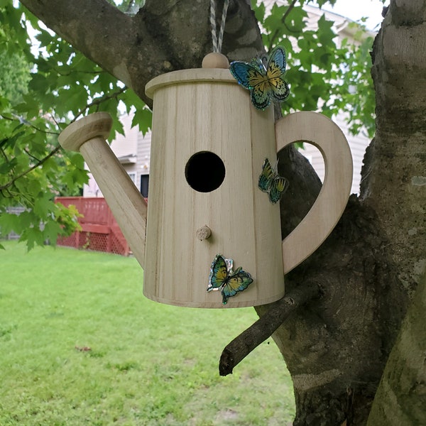 Farm House Watering Can Wooden Birdhouse Kit, Butterfly Home Decor Stickers, Unfinished Hanging Bird House, Craft Projects, Gift for Kids