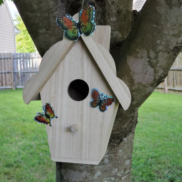 Birdhouse Wooden, Butterfly Home Decor Stickers, Unfinished Hanging Bird House, Unpainted Wood Craft Summer Project, Gift for Mom & Kids