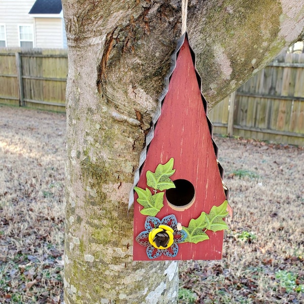 Red Rustic Style Birdhouse, Wooden Hanging Birdhouse, Home Decor, Painted Bird House, Metal Roof