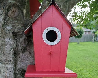 Bird House, Bird Houses, Red Wooden Birdhouse Metal Roof, Home Decor, Painted Bird House, Hand painted, Home Decoration, Rustic Style