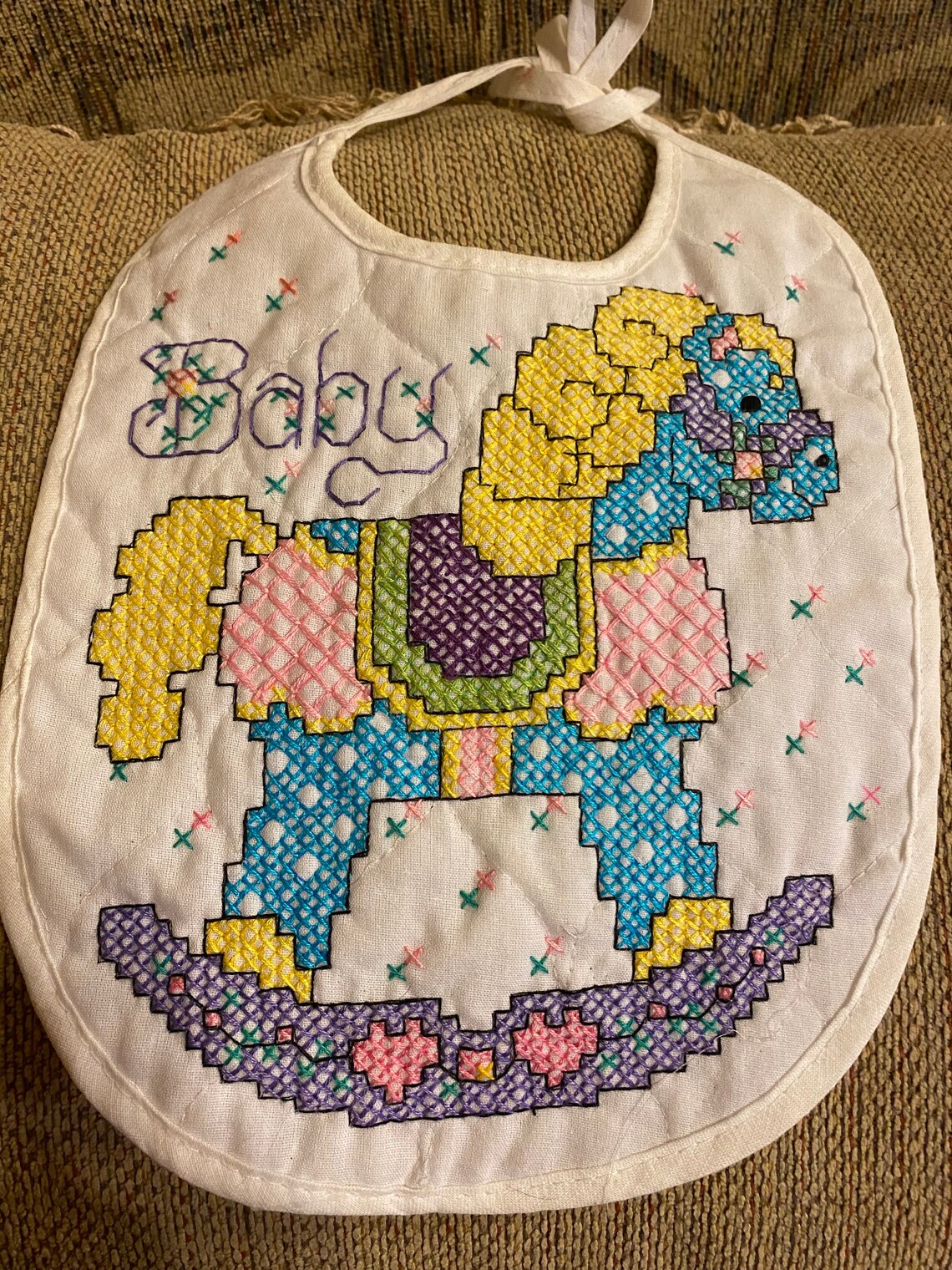 NEW Cross stitch baby bib Hand stitched unisex Rocking Etsy