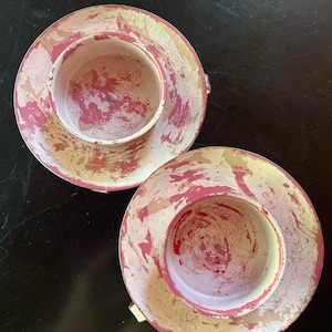 4” Round “Raised” Tea Light/Votive Holders, Shabby Chic, Hand painted, Pinks
