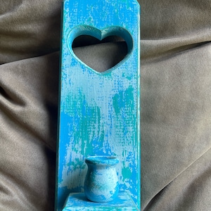 11.5” Wooden Taper Holder w/ Heart, Shabby Chic, Hand painted, Distressed Blue and Greens