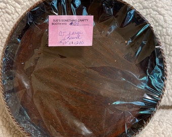 10” x 1.5” Round Tray, Shabby Chic, Distressed Brown/Teal