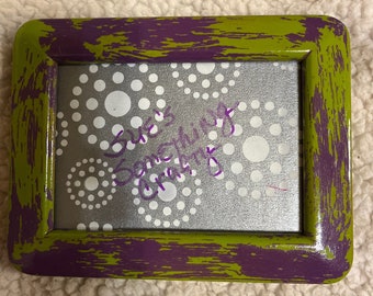 3.5” x 5” Shabby Chic, hand painted wood  frame, Distressed Purple/Lime Green