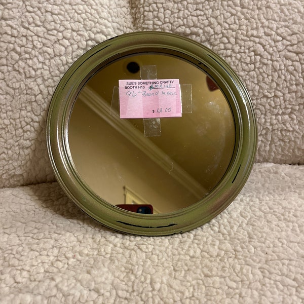 9.5” Round Mirror, Shabby Chic, Hand painted, Distressed Green/Gold