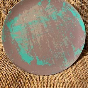 4 3/4 Round, flat, Metal  Shabby Chic, Chippy Paint, Hand painted candle holder, Distressed, teal/purple/gray