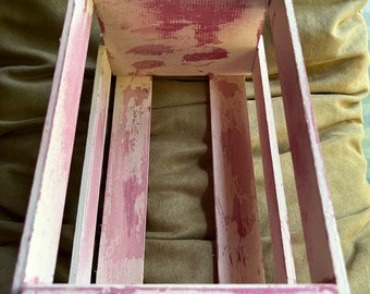 9.75” x 6” x 5” Rectangular Napa Valley Slated Crate, Shabby Chic, Distressed Pink/White