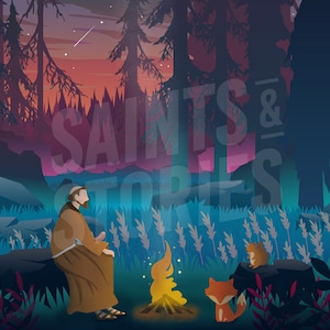 May include: A cartoon illustration of a man in a brown robe sitting by a campfire in a forest. The text "Saints & Stories" is superimposed over the image.