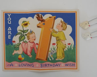 Vintage First Birthday Card Baby's 1st Birthday includes antique Teddy Bear 1950s Diaper Pins for Crafts, Junk Journal, Decor, Gift