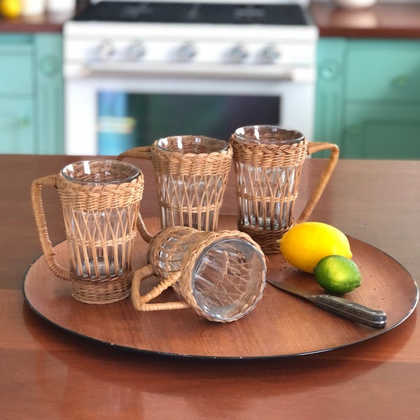 Four Vintage Wicker Rattan Drinking Glasses c. 1970  Beverage Holders Iced Tea Cup Holder Coffee Mugs with Glass Inserts