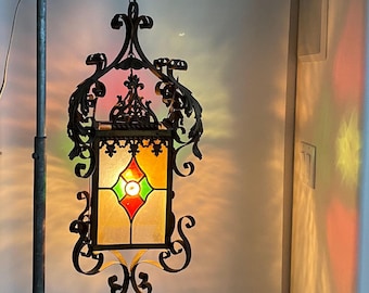 Antique Brass Stained Glass Pendant Lamp: Spanish Revival, Gothic, Victorian Details