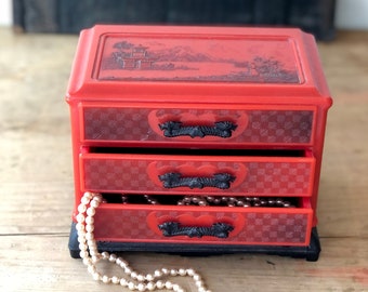 Vintage Asian Jewelry Box Red and Black Chest of Drawers Velvet Lined 1940s with dragon motif