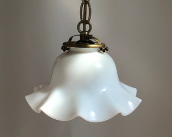 1900 Ruffled Edge Antique Milk Glass Shade + Antique Galley Fitter - Rewired Pendant Lamp ready to install