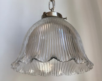 Authentic Holophane Glass Fluted Ruffled Pendant Lamp with Nickle finish - Rewired Vintage Light Fixture