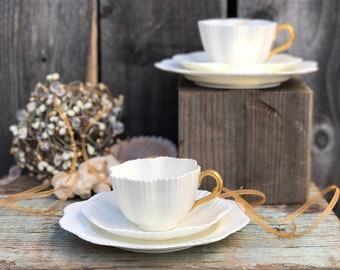 PAIR Coalport Trios - Teacups, Saucers, Plates, Fluted English Porcelain Fine Bone China 1900s White Gilt