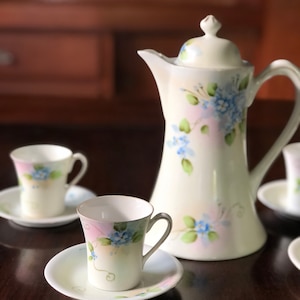Hot Chocolate Set for Four by Nippon Rising Sun 1900-1909 - Hand-painted delicate floral Forget Me Knot pattern with Back Stamp