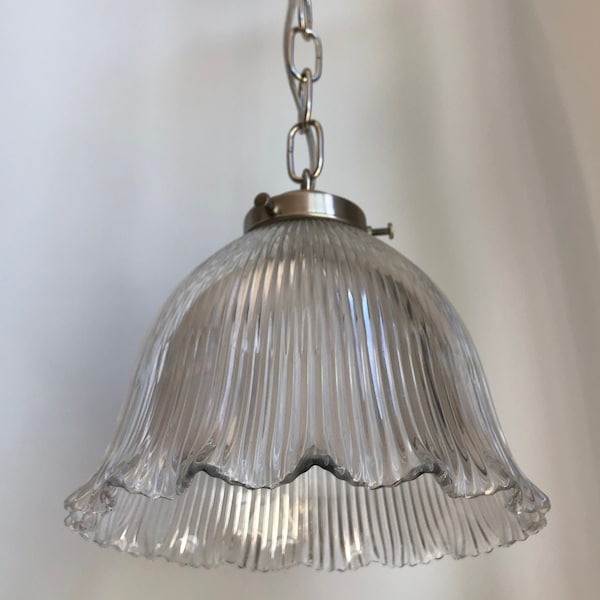 Authentic Holophane Glass Fluted Ruffled Pendant Lamp with Nickle finish - Rewired Vintage Light Fixture