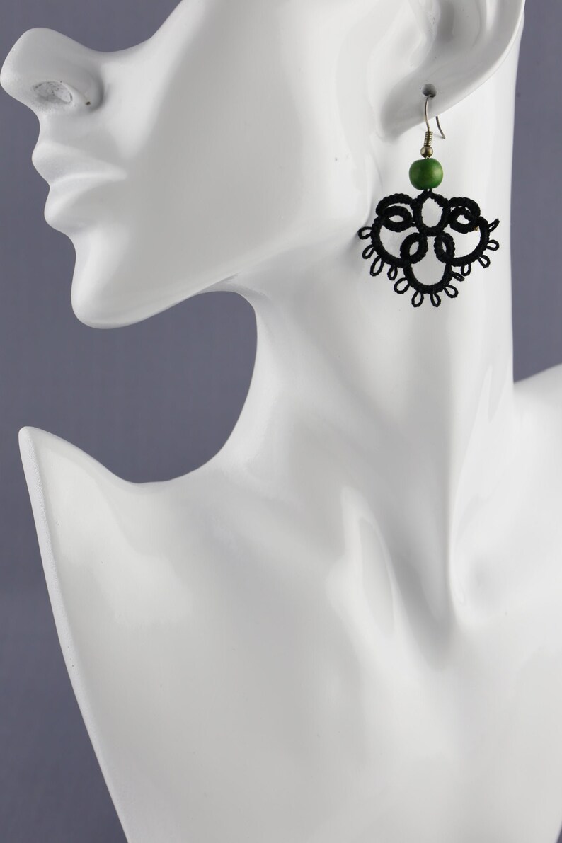 Unique crochet earrings with wooden bead Crochet earrings Needle tatting crochet earrings.