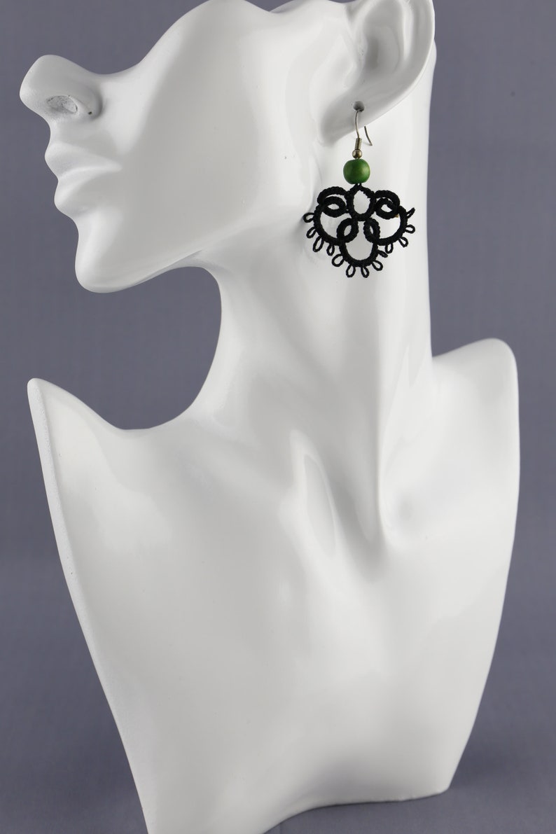 Unique crochet earrings with wooden bead Crochet earrings Needle tatting crochet earrings.