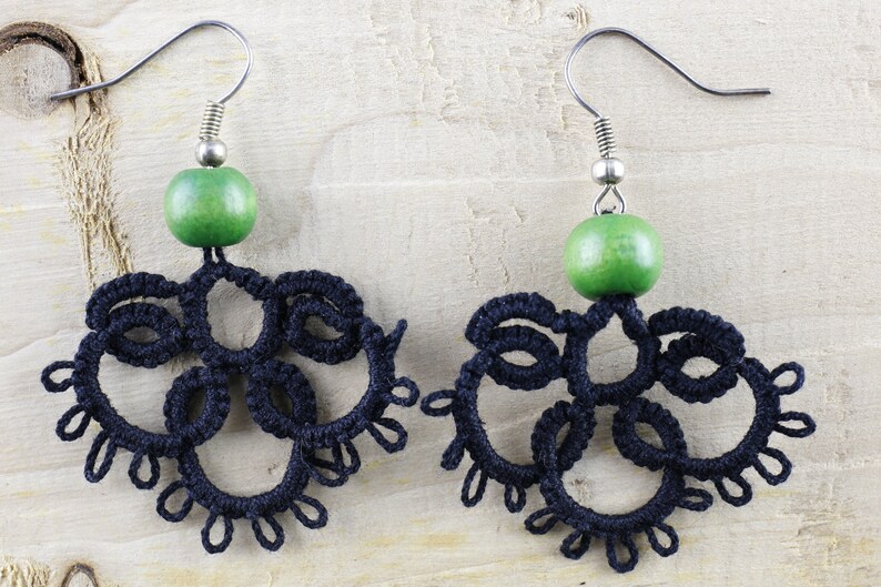 Unique crochet earrings with wooden bead Crochet earrings Needle tatting crochet  earrings.