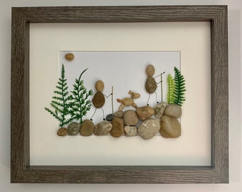 Hike with dogs pebble art, hike art, framed picture hiking, hiking family, hiking gift, personalized gift, pebble art family with dog