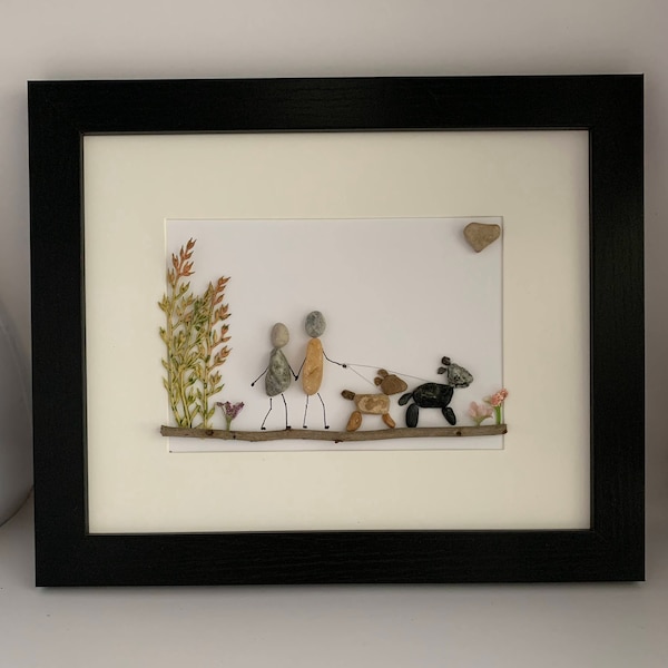 Pebble art couple with dogs, dogs, couple walking dogs picture, pet lover, personalize gift, two people two dogs, rock art dogs