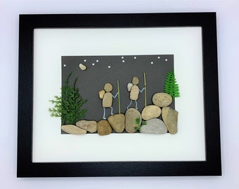 Pebble art night hiking, hike stone art, framed picture hiking, hiking pebble people, hike decor, personalized gift for camper