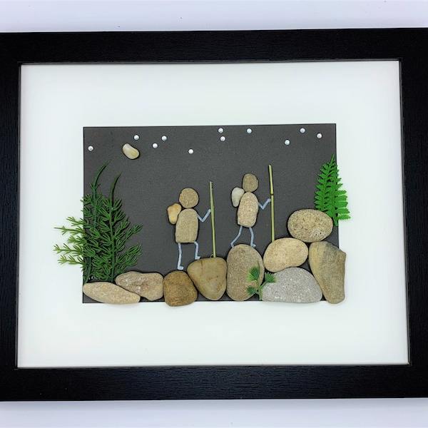 Pebble art night hiking, hike stone art, framed picture hiking, hiking pebble people, hike decor, personalized gift for camper